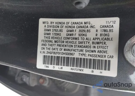 2013 Honda Civic Ex-L from USA, damaged, VIN 2HGFB2F91DH500967